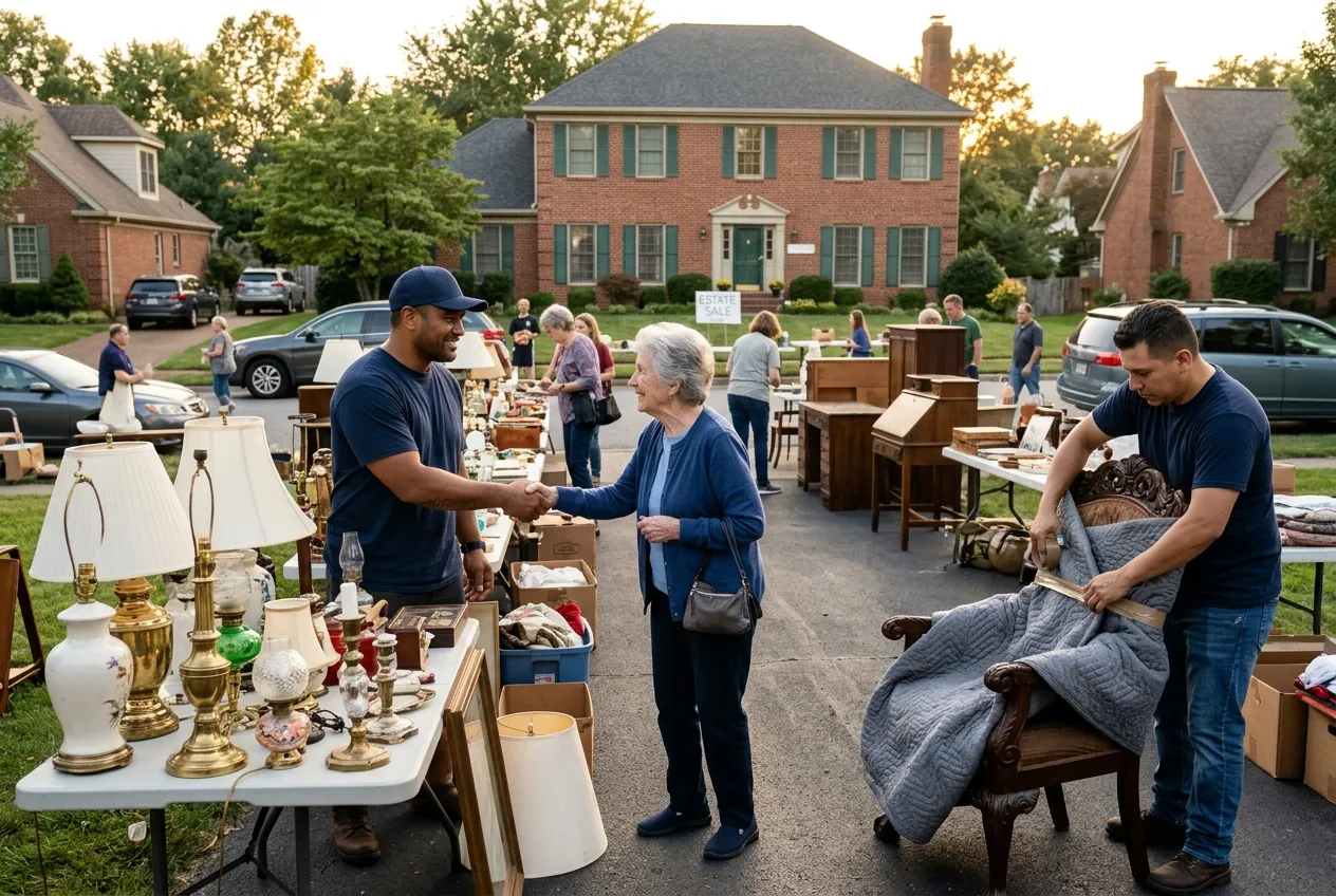 Movers greeting a customer at an estate sale