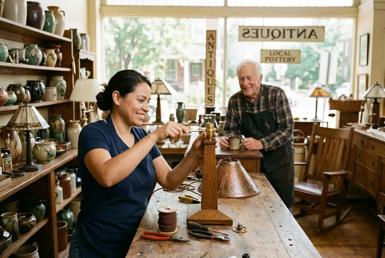 Artisan tending an Arts and Crafts floor lamp while chatting with an antique shop owner